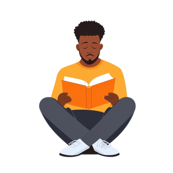 A young man sits cross-legged, engrossed in reading a book with an orange cover, wearing a yellow shirt and gray pants. png