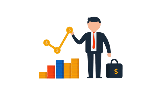 A businessman in a suit holds a rising graph, symbolizing growth and success, alongside colorful bar charts and a money bag. png
