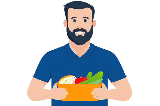 A man with a beard holds a box filled with various fresh vegetables and bread, showcasing a healthy lifestyle. png