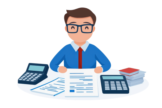 A cartoonish man in glasses sits at a desk surrounded by documents and calculators, symbolizing finance and accounting. png
