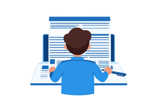 A person sitting at a desk, reviewing documents on a laptop, with a pen in hand, focused on the task at hand. png