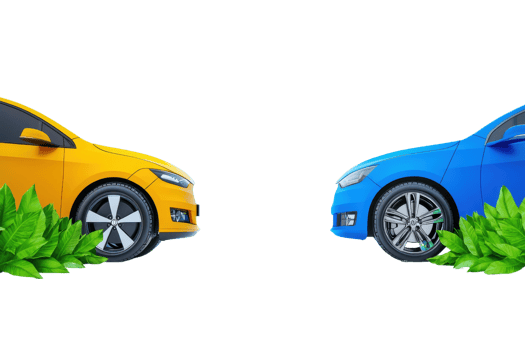 Two cars, one yellow and one blue, are positioned facing each other, adorned with vibrant green leaves. png