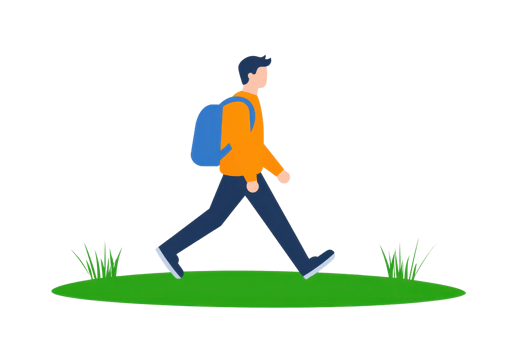 A young man walks confidently with a backpack, dressed in an orange hoodie and blue jeans. png