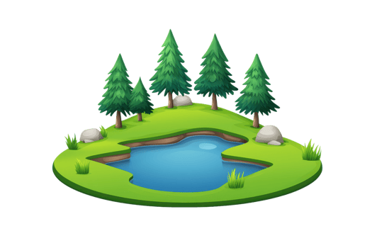 A serene island scene featuring a tranquil pond surrounded by lush green grass, rocks, and tall pine trees. png