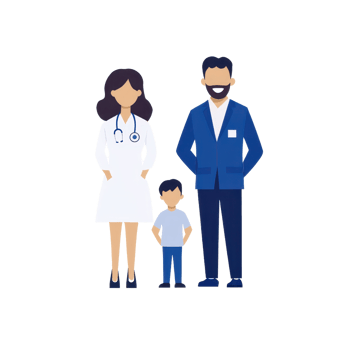 A family consisting of a doctor, a father, and a child, all portrayed in a minimalist, cartoonish style. png