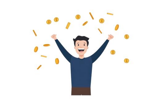 A joyful person is celebrating with raised arms, surrounded by falling coins, expressing excitement and happiness. png
