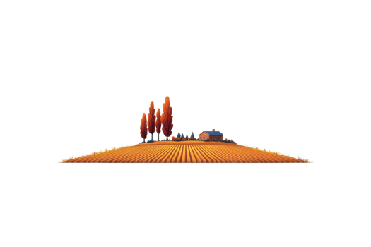 A vibrant hill adorned with rows of orange crops and dotted with colorful trees and a small house, capturing an autumnal agricultural scene. png