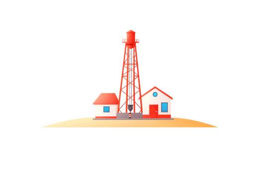 A red water tower next to two small houses, set on a simple landscape. png