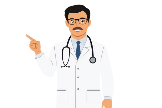 A doctor in a white coat points confidently, wearing glasses and a stethoscope, embodying professionalism and care. png