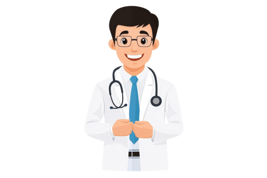 A cheerful doctor in a white coat with a stethoscope, smiling and standing with hands clasped. png