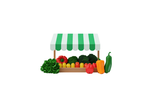A colorful market stand displays an array of fresh vegetables, including lettuce, peppers, and tomatoes, under a striped awning. png