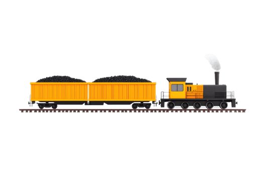 A yellow steam locomotive pulling two coal-filled freight cars along a railroad track. png