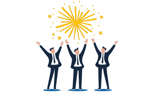 Three men in suits celebrating with raised arms beneath a bright, colorful firework display. png