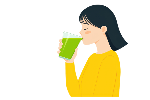 A woman in a yellow sweater drinks a green beverage, savoring the moment with a content expression. png