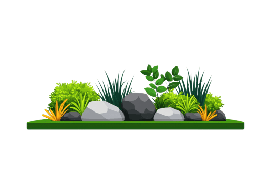 A vibrant arrangement of various plants and rocks, showcasing a blend of greenery and texture. png