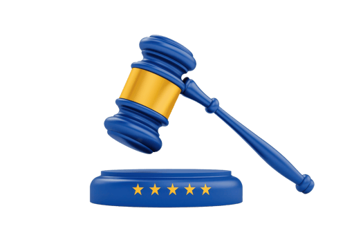 A blue gavel with a golden band and a circular base featuring five stars, symbolizing authority and justice. png