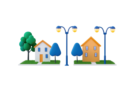 Two colorful houses with trees and street lamps, depicting a cheerful neighborhood scene. png
