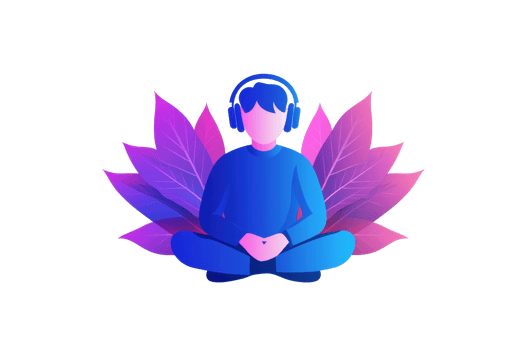 A serene figure wearing headphones sits cross-legged, surrounded by vibrant leaves, embodying relaxation and mindfulness. png