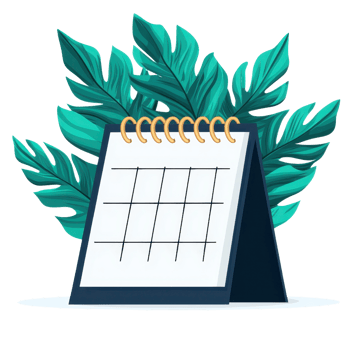 A stylish desk calendar displayed with decorative green leaves, featuring a blank grid layout for scheduling. png