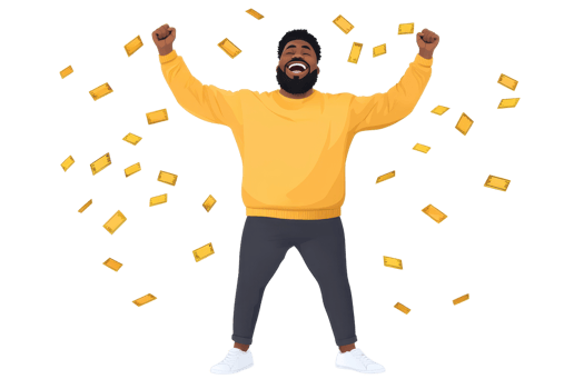 A joyful person in a yellow sweater celebrates with arms raised, surrounded by floating cash. png