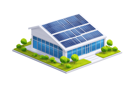 A modern house design featuring solar panels, surrounded by greenery, showcasing eco-friendly architecture. png