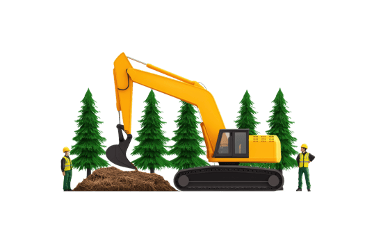 A yellow excavator operates among green trees, with two workers supervising the digging process. png