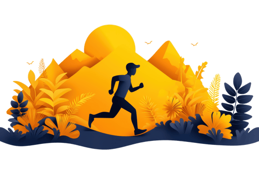 A silhouette of a runner in motion, with stylized mountains and foliage in vibrant yellow and blue hues. png