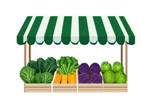 A colorful market stall featuring various fresh vegetables, including leafy greens, carrots, and purple cabbage. png