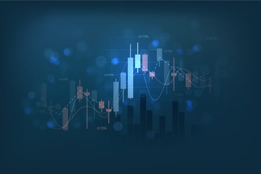 stock market candlestick chart pattern design with different indicators on blue background, business financial growth vector