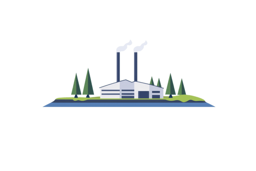 A modern industrial building with smokestacks, surrounded by trees and water. png