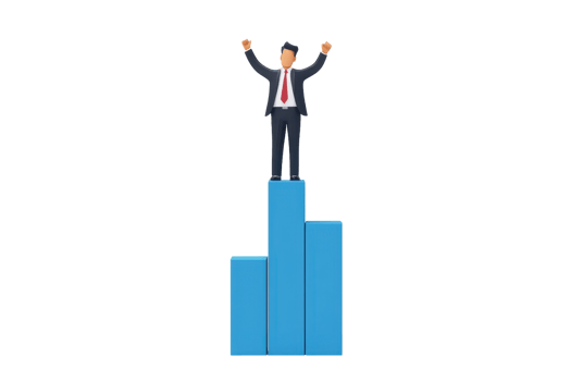 A businessman triumphantly stands on top of a blue bar graph, symbolizing success and achievement. png