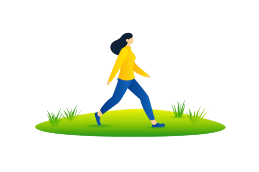 A woman in a yellow shirt and blue pants walking on green grass. png