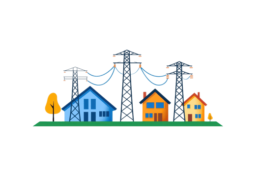 Illustration of colorful houses with power lines, showcasing urban living and energy infrastructure. png
