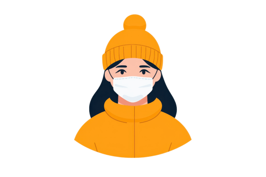 A young woman wearing an orange beanie and coat, with a white mask covering her mouth and nose. png