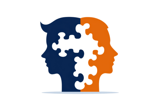 Two stylized profiles in contrasting colors, representing unity and connection through interlocking puzzle pieces. png