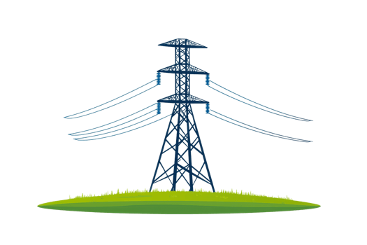 A tall power transmission tower with multiple wires extending from it, set on a grassy base. png