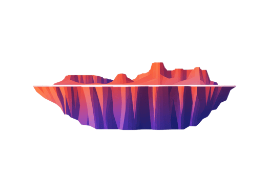 A stylized, colorful island or landform featuring sharp peaks and valleys, showcasing a gradient of purple to orange hues. png