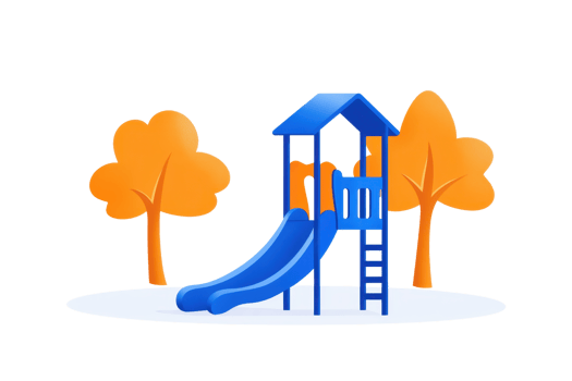 A colorful playground slide structure featuring a blue slide and playhouse design, accompanied by orange trees. png