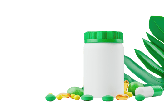 A white container with a green lid surrounded by assorted pills and leaves, emphasizing health and wellness. png
