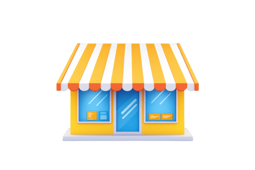 A colorful storefront featuring a yellow and white striped awning, large windows, and visible display items. png