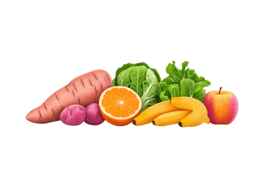 A colorful assortment of fresh fruits and vegetables including sweet potatoes, oranges, bananas, lettuce, and an apple. png