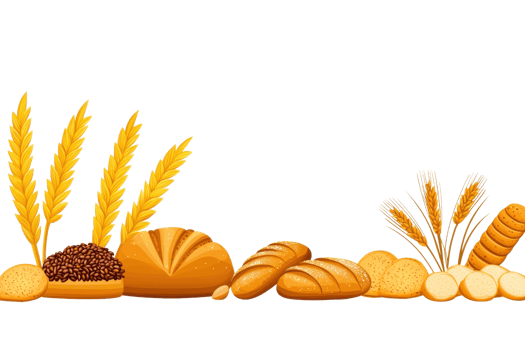 A collection of various types of bread and wheat stalks arranged artistically. png