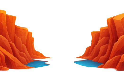 A pair of vibrant orange cliffs frame a calm blue river, creating a striking contrast in a stylized canyon landscape. png