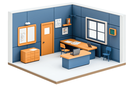 A modern office space featuring a desk, chair, storage unit, and wall decorations in a blue and orange color scheme. png