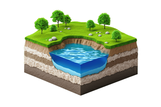 A cross-section illustration showing lush grass, trees, and a body of water surrounded by different soil layers. png