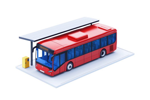 A vibrant red city bus parked at a bus stop, ready for passengers, featuring a detailed design and a shelter overhead. png