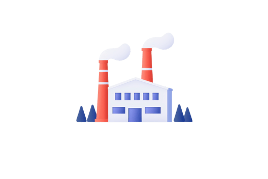 A factory with smokestacks emits smoke, representing industrial activity and manufacturing processes. png