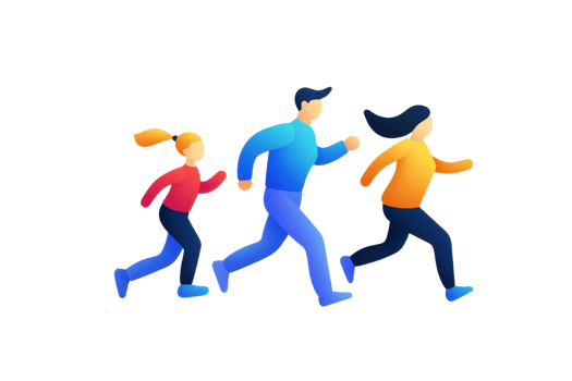Three stylized figures running in vibrant colors, representing movement and energy. png