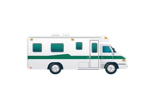 A white and green recreational vehicle with multiple windows and a roof-mounted air conditioning unit. png