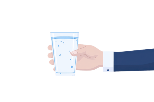 A hand holding a clear glass of water with visible droplets inside. png